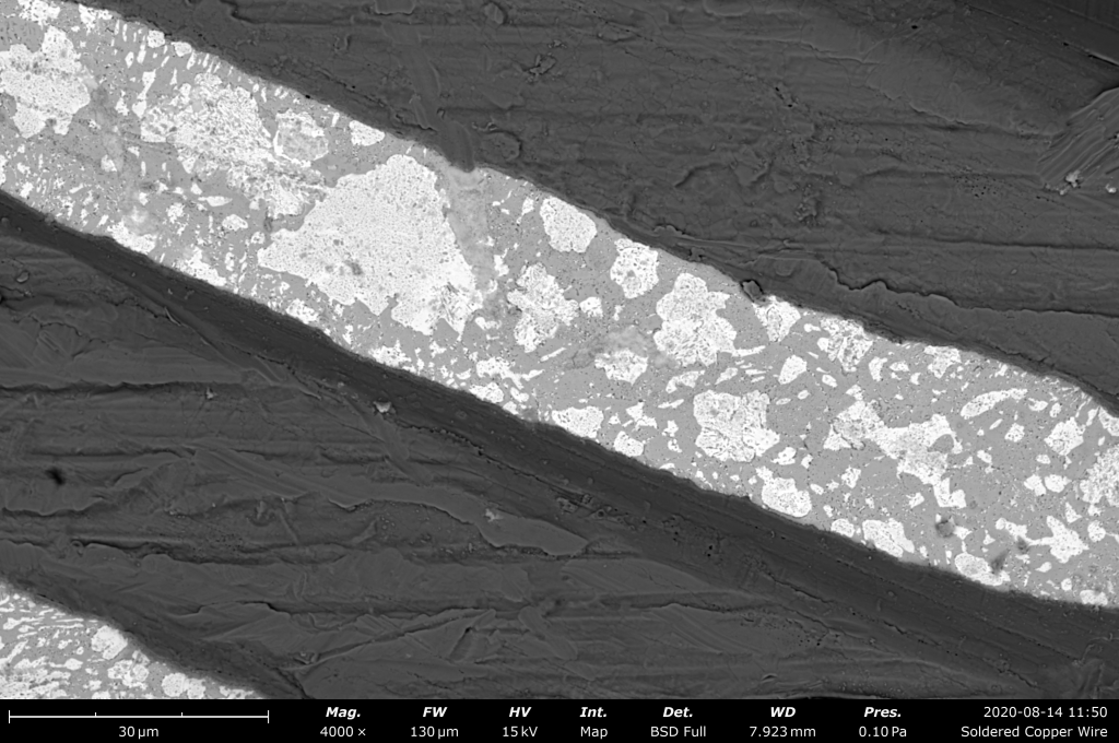 Phenom tabletop SEM image - soldered copper wire